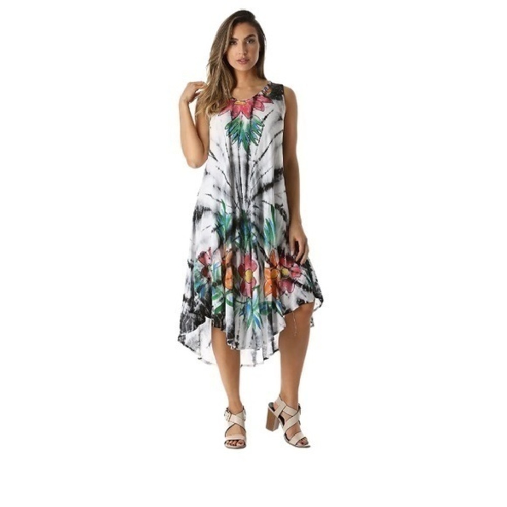 RIVIERA SUN Tye-Dye hand painted floral embroidered Boho asymmetrical dress-1X